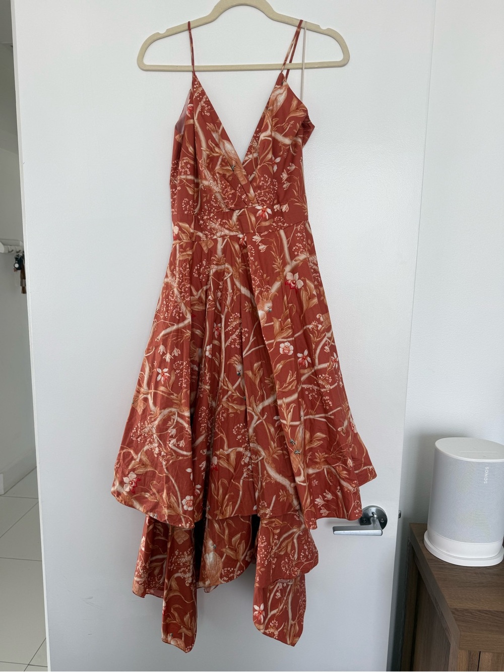 Johanna Ortiz Rust Floral High-Low Wrap Dress